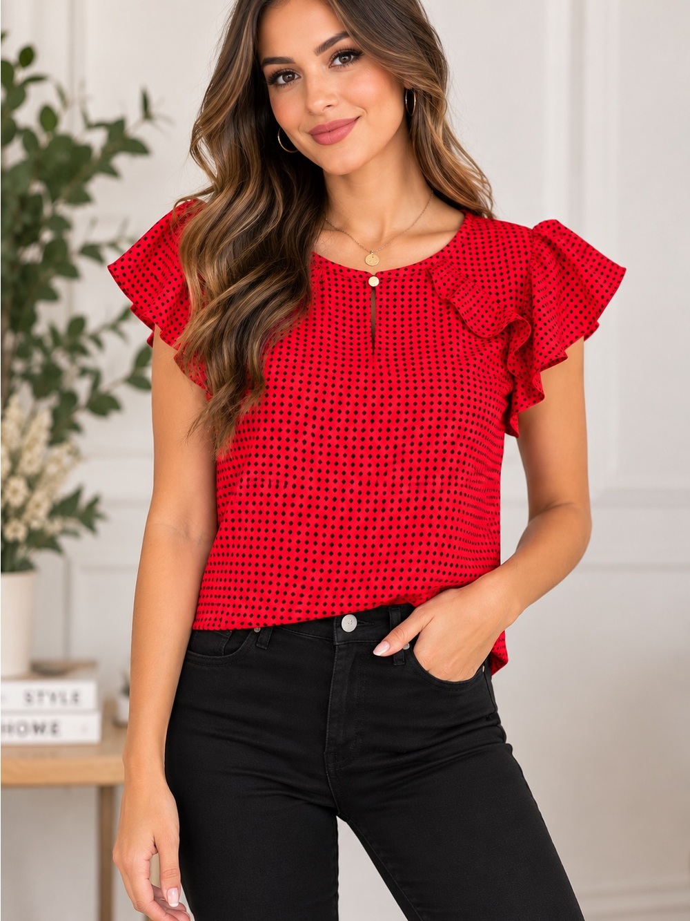 Liz Claiborne Red Dot Flutter Sleeve Blouse